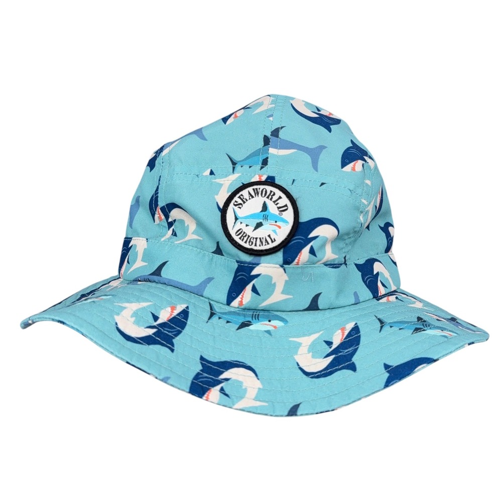SeaWorld‎ Original Kids Shark Print Bucket Hat Teal Blue Sun Hat with Chin Strap